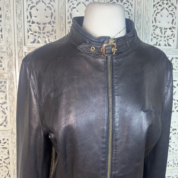 Baby Phat Soft Black Leather Moto Grunge Buckle Zip Up Jacket Sz Large - Picture 3 of 11
